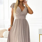 425-10 MATILDE Sukienka z dekoltem i krótkim rękawkiem - BEŻOWA z brokatem-1