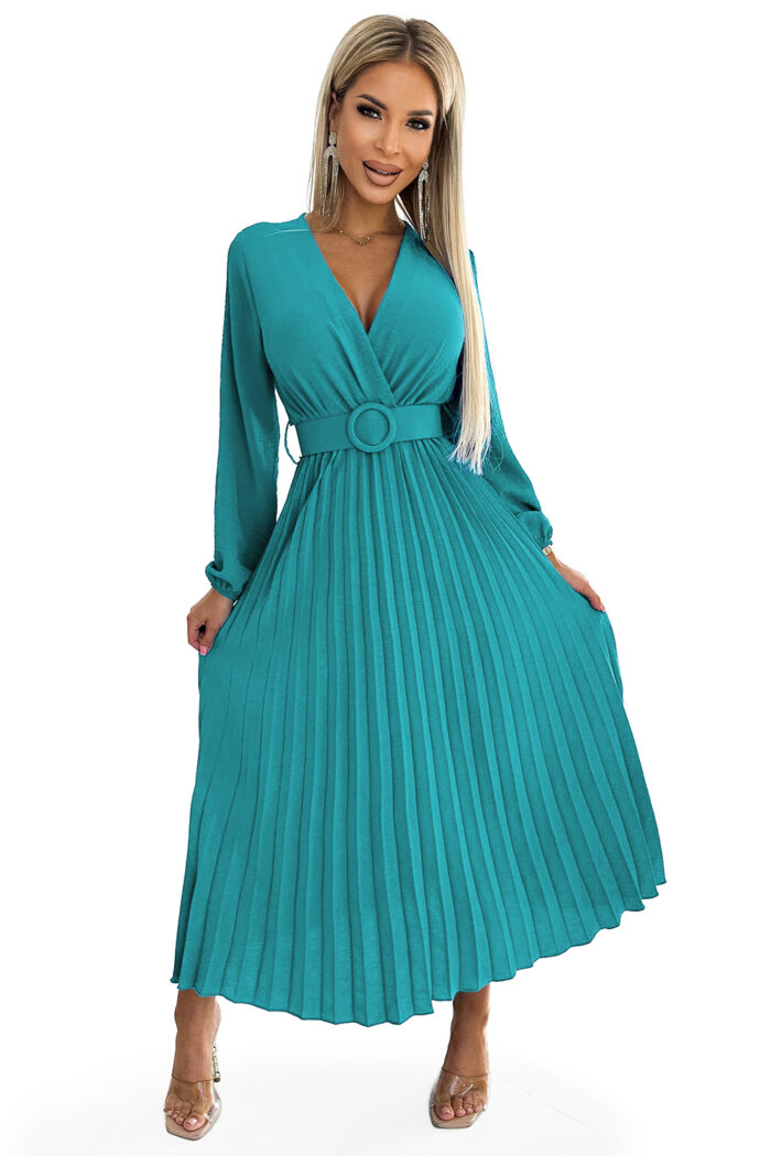 504-6 VIVIANA Plisowana sukienka midi z dekoltem, długim rękawkiem i szerokim paskiem - kolor MORSKI-7