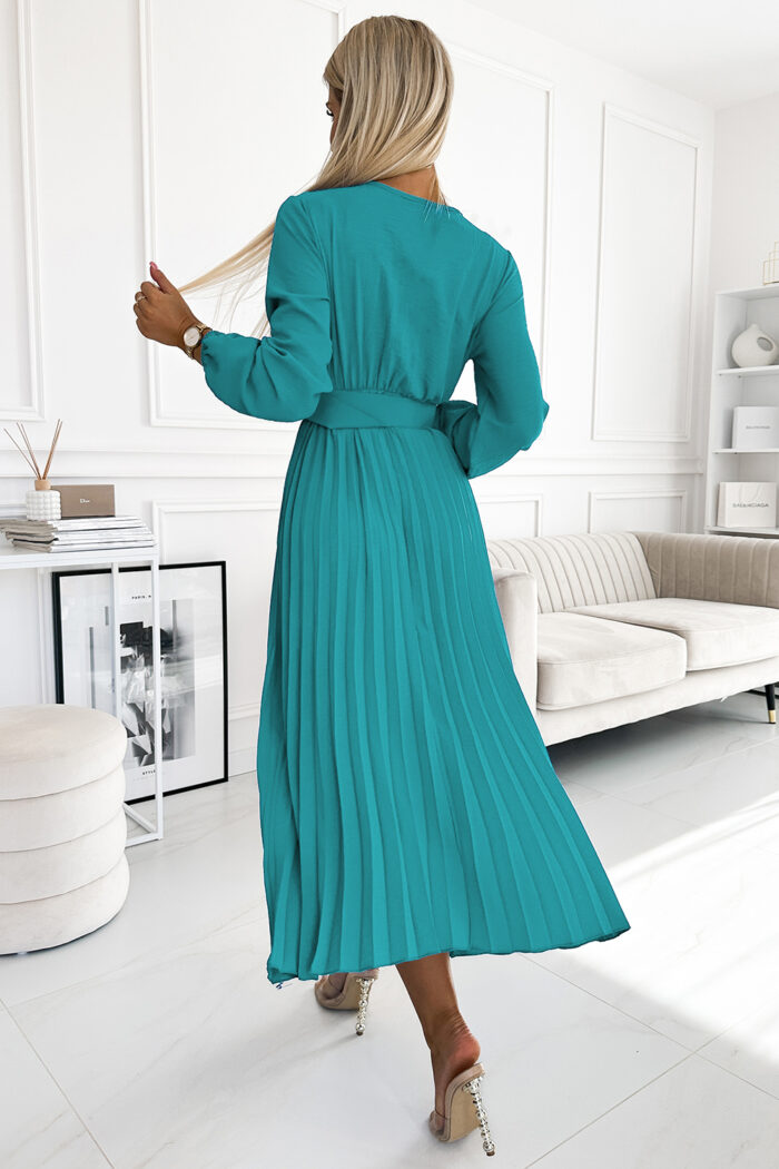 504-6 VIVIANA Plisowana sukienka midi z dekoltem, długim rękawkiem i szerokim paskiem - kolor MORSKI-3