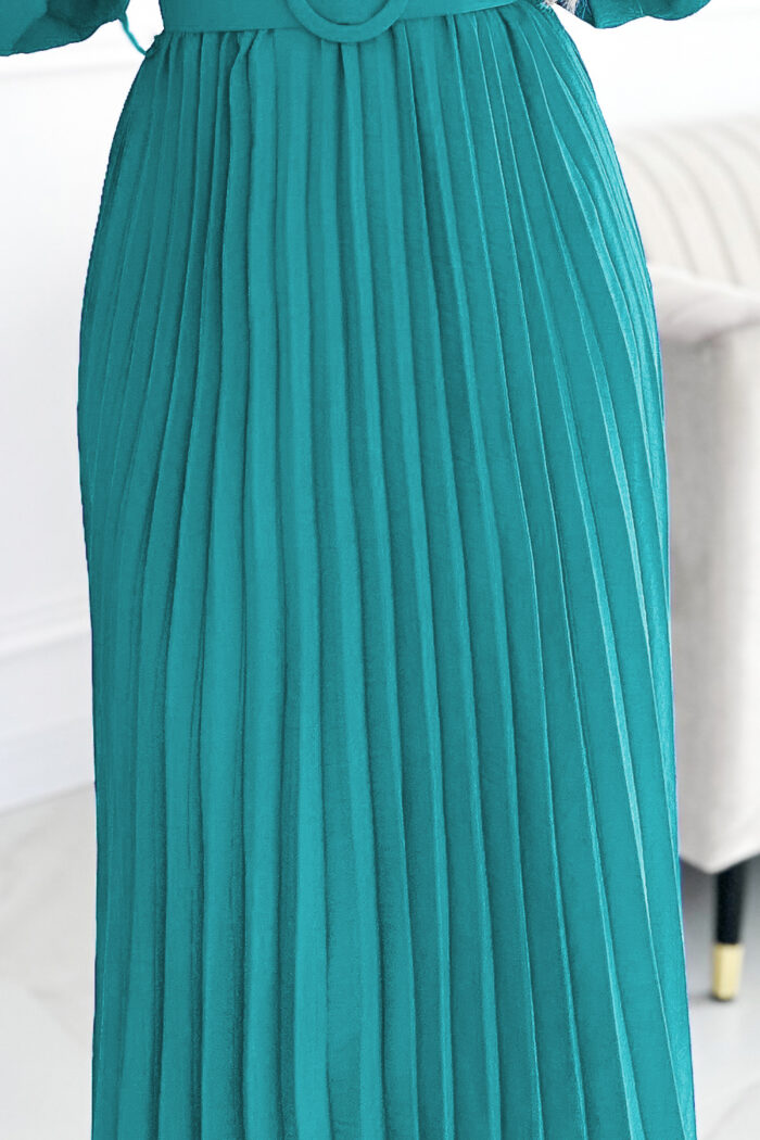 504-6 VIVIANA Plisowana sukienka midi z dekoltem, długim rękawkiem i szerokim paskiem - kolor MORSKI-6