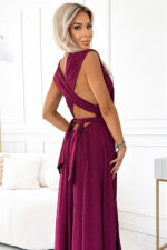 509-3 Elegancka długa suknia wiązana na wiele sposobów - BORDOWA z brokatem-5