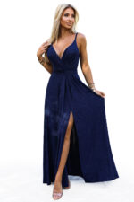 512-7 JULIET elegancka długa błyszcząca suknia z dekoltem i rozcięciem na nogę - GRANATOWA z brokatem-8