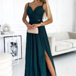 460-1 JOVITE brokatowa długa suknia na ramiączkach z rozcięciem na nogę - ZIELEŃ BUTELKOWA-1