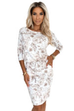 13-162 Sportowa sukienka z kieszonkami i wiązaniem - BEŻOWE KWIATY-6