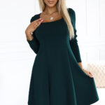 574-1 IVANA wygodna trapezowa sukienka z dekoltem i długim rękawkiem - ZIELEŃ BUTELKOWA-1