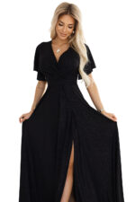 581-1 JENNIFER połyskująca długa suknia z rękawkiem i dekoltem - CZARNA Z BROKATEM-8