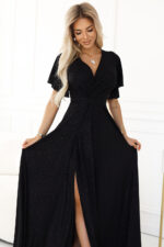 581-1 JENNIFER połyskująca długa suknia z rękawkiem i dekoltem - CZARNA Z BROKATEM-4