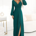 572-4 NELA połyskująca długa suknia z dekoltem, długim rękawkiem i rozcięciem na nogę - ZIELEŃ BUTELKOWA-1
