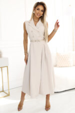 596-1 Elegancka szmizjerka midi ze złotymi guzikami i paskiem - BEŻOWA-4