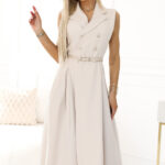 596-1 Elegancka szmizjerka midi ze złotymi guzikami i paskiem - BEŻOWA-1