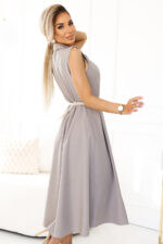 596-2 Elegancka szmizjerka midi ze złotymi guzikami i paskiem - SZARY BEŻ-4