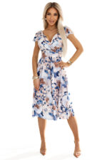 425-13 MATILDE Kobieca sukienka z dekoltem i krótkim rękawkiem - beżowo-błękitne kwiaty-7