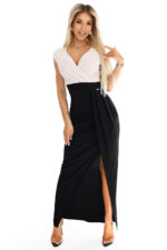 451-3 Błyszcząca sukienka z krótkim rękawkiem, dekoltem i rozcięciem na nodze - czarno-beżowa z brokatem-7