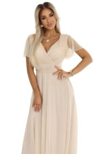 562-6 NASTIA Długa sukienka z dekoltem i krótkim rękawkiem - BEŻOWA-8