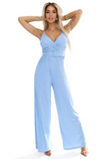 593-2 Elegancki kombinezon z kopertowym dekoltem, szerokimi nogawkami i paskiem – BŁĘKITNY-7