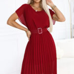 465-5 MIA Plisowana szyfonowa sukienka midi z szerokim paskiem - BORDOWA-1