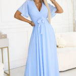 545-2 Długa sukienka z plisowanym dekoltem i wiązaniem - BŁĘKITNA-1