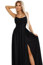 589-1 Długa sukienka z subtelnym połyskiem i gorsetowym wiązaniem na plecach - CZARNA z brokatem-8