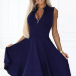 573-2 Ekskluzywna sukienka z rozkloszowanym dołem i złotym zamkiem - GRANATOWA-1