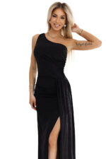 600-1 SELENA zjawiskowa długa sukienka na jedno ramię z brokatowym połyskiem i rozcięciem na nodze – CZARNA-8