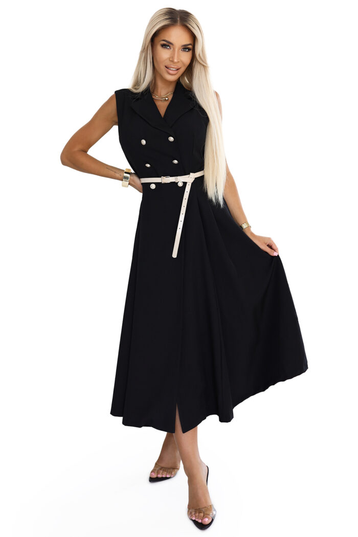 596-3 Elegancka szmizjerka midi ze złotymi guzikami i paskiem - CZARNA-7