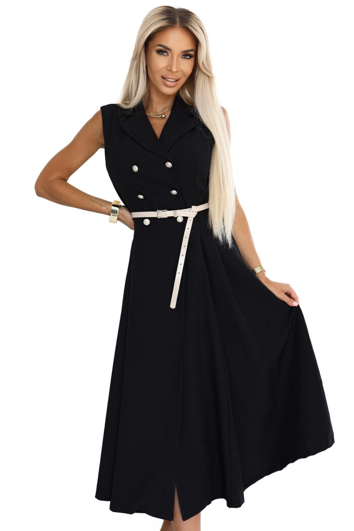 596-3 Elegancka szmizjerka midi ze złotymi guzikami i paskiem - CZARNA-8