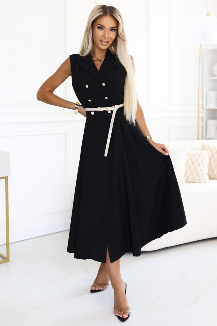 596-3 Elegancka szmizjerka midi ze złotymi guzikami i paskiem - CZARNA-4