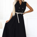596-3 Elegancka szmizjerka midi ze złotymi guzikami i paskiem - CZARNA-1