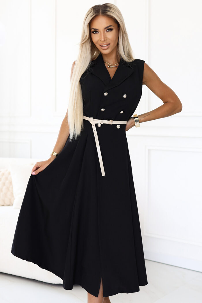 596-3 Elegancka szmizjerka midi ze złotymi guzikami i paskiem - CZARNA-1