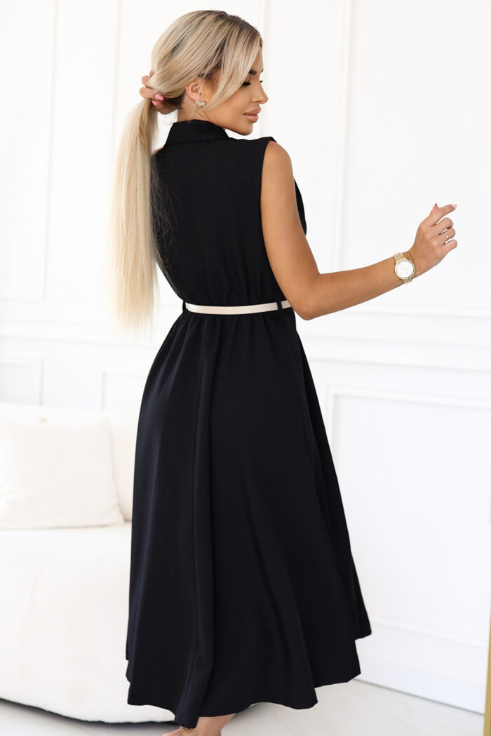 596-3 Elegancka szmizjerka midi ze złotymi guzikami i paskiem - CZARNA-5