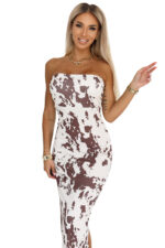 611-1 SAVANNAH dopasowana sukienka bez ramiączek w brązowo-biały wzór boho-9