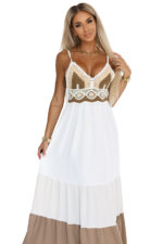 612-1 Długa beżowo-biała sukienka na ramiączkach z szydełkową górą - boho-10