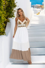 612-1 Długa beżowo-biała sukienka na ramiączkach z szydełkową górą - boho-8