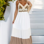 612-1 Długa beżowo-biała sukienka na ramiączkach z szydełkową górą - boho-1