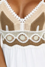 612-1 Długa beżowo-biała sukienka na ramiączkach z szydełkową górą - boho-9