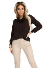 140-29 Biznesowa bluzka z długim rękawkiem i wiązaniem z przodu - czekoladowa-9