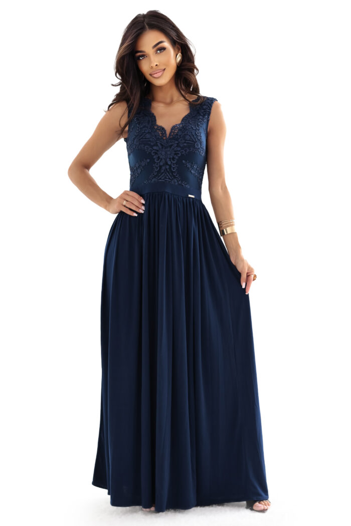 215-6 LEA długa elegancka suknia maxi z koronkową górą i rozcięciem na nodze - granatowa-10