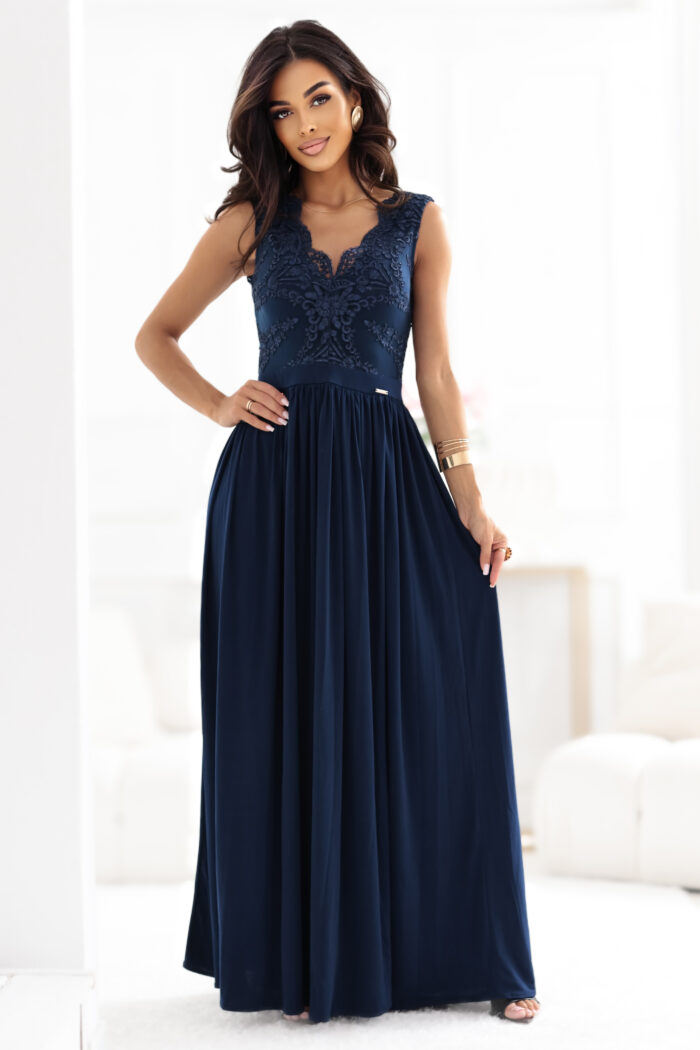 215-6 LEA długa elegancka suknia maxi z koronkową górą i rozcięciem na nodze - granatowa-1