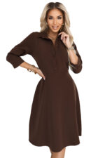 286-9 SANDY Koszulowa rozkloszowana sukienka z paskiem - czekoladowa-6