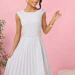 311-20 LILA Plisowana sukienka z krótkim rękawkiem i paskiem - SZARA-1