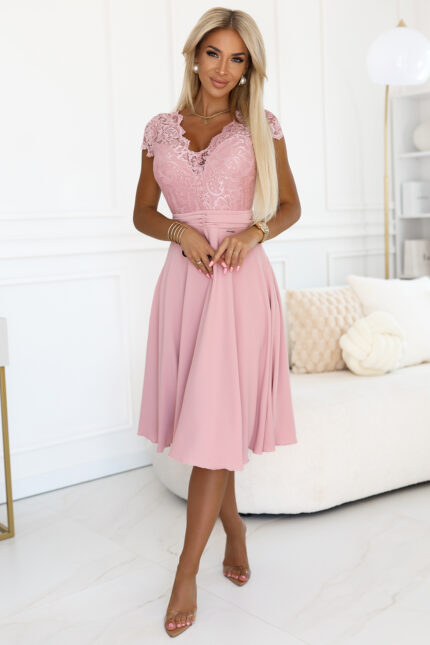 381-6 LINDA szyfonowa lekka sukienka z koronkowym dekoltem - BRUDNY RÓŻ-2