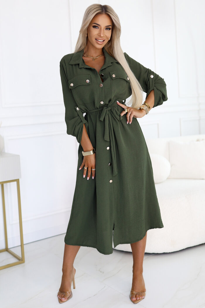 531-5 Szmizjerka midi ze złotymi guzikami i wiązaniem - KHAKI-2