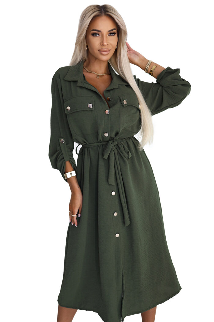 531-5 Szmizjerka midi ze złotymi guzikami i wiązaniem - KHAKI-6