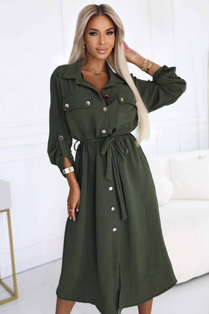 531-5 Szmizjerka midi ze złotymi guzikami i wiązaniem - KHAKI-1