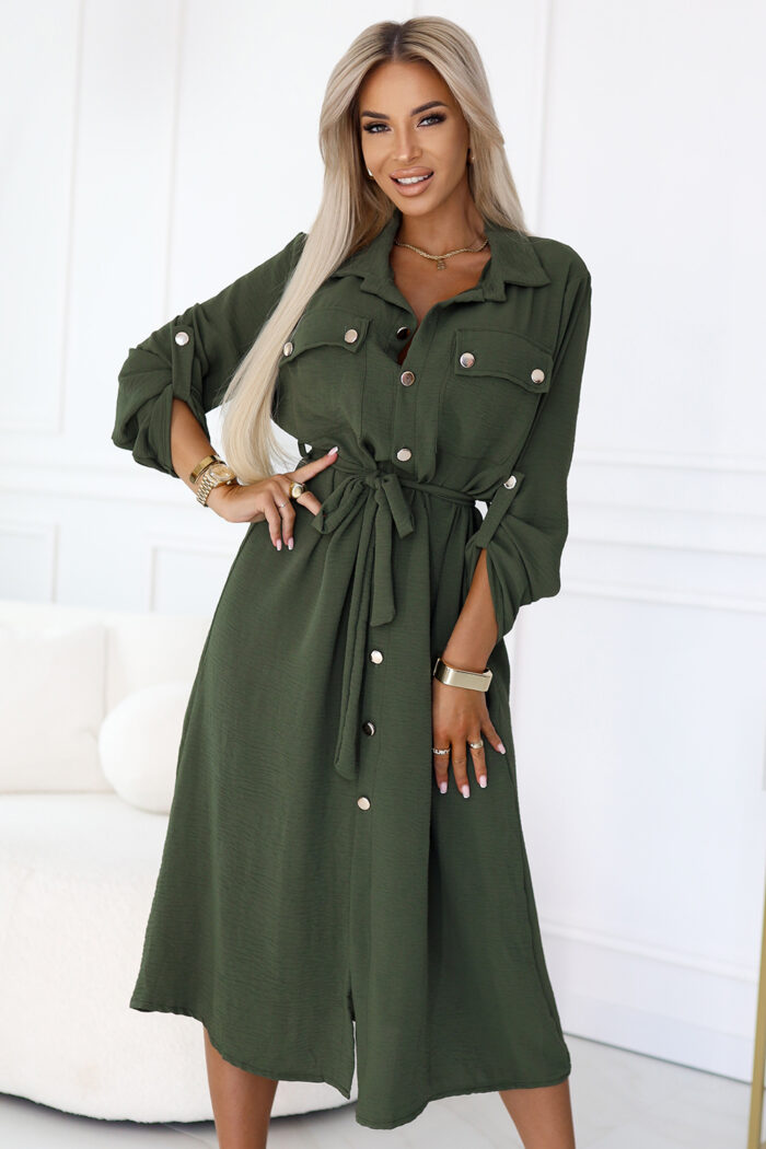 531-5 Szmizjerka midi ze złotymi guzikami i wiązaniem - KHAKI-4