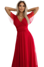 562-7 NASTIA Długa sukienka z dekoltem i krótkim rękawkiem - CZERWONA-8