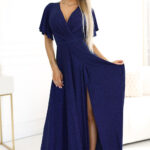 581-5 JENNIFER połyskująca długa suknia z rękawkiem i dekoltem - GRANATOWA Z BROKATEM-1