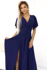 581-5 JENNIFER połyskująca długa suknia z rękawkiem i dekoltem - GRANATOWA Z BROKATEM-4