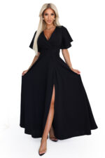 581-7 JENNIFER długa suknia z rozcięciem na nogę, rękawkiem i dekoltem - czarna-8