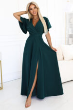 581-8 JENNIFER długa suknia z rozcięciem na nogę, rękawkiem i dekoltem - zieleń butelkowa-1